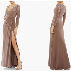 MAC DUGGAL 55715 LONG SLEEVE FAUX WRAP EMBELLISHED JERSEY MOCHA GOWN sz 6